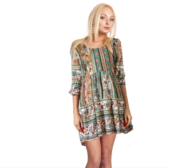 Umgee Dresses & Skirts - Umgee Boho Paisley Mini Dress in Mustard, Teal & Rust